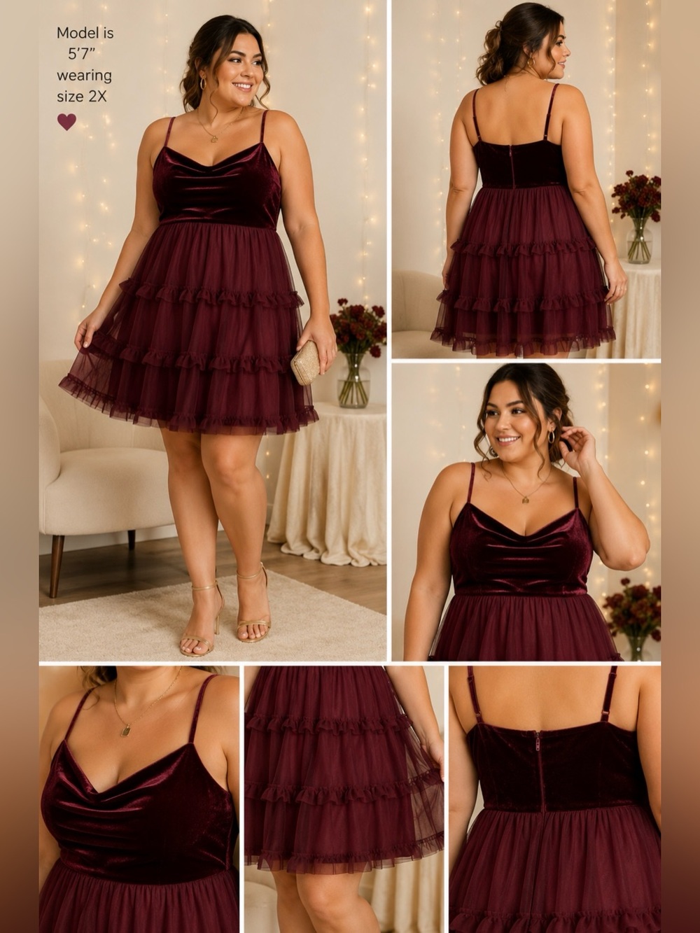 Trixxi Burgundy Velvet Tulle Ruffle Mini Dress Size 2X Plus